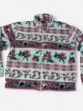 Vintage Lavon Purple Blue Floral Roses Zip Jacket Size M